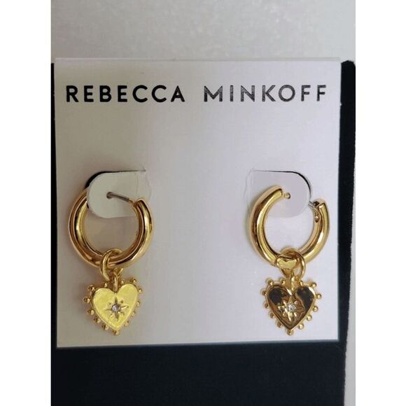❤️✨ REBECCA MINKOFF Gold Metal Studded Heart Huggie Hoop Earrings NEW WITH TAGS - Picture 15 of 16